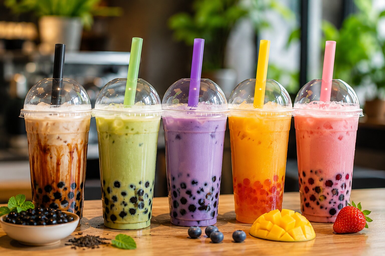 Fünf durchsichtige PET-Gläser mit Bubble Tea, Tapiokaperlen und Fruchtsaftkugeln in verschiedenen Geschmacksrichtungen stehen auf der Theke eines Cafés