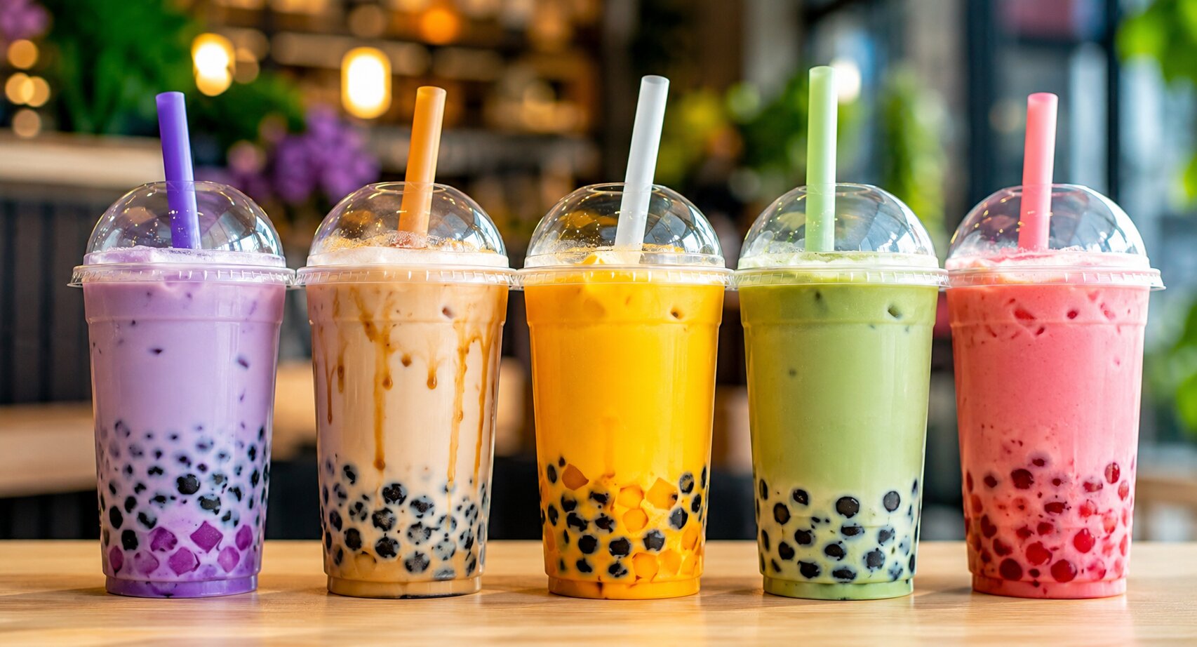 Bunte Sommerdesserts in Bubble-Tea-Bechern mit gewölbten Deckeln und leuchtenden Toppings in einer Reihe