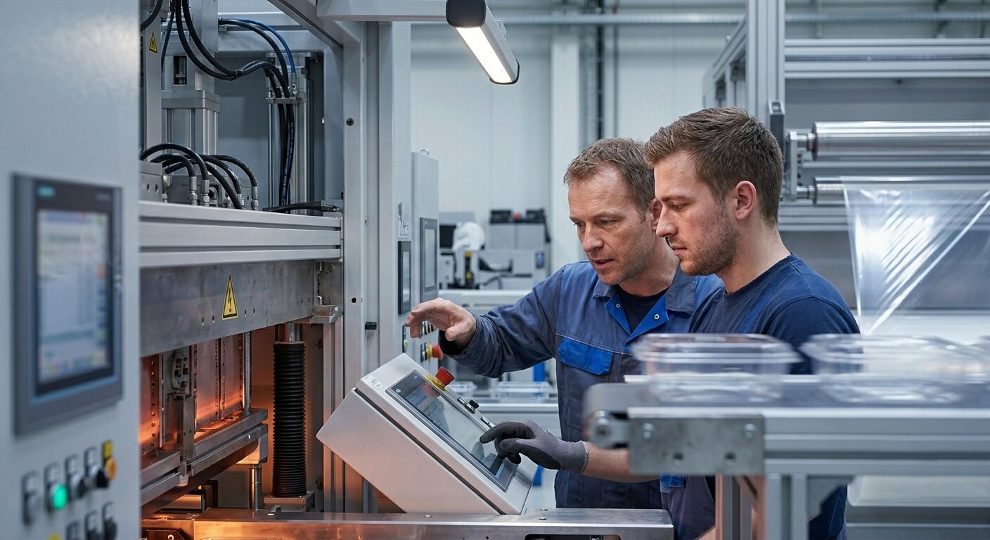 Двое инженеров на производстве Optipak настраивают автоматизированную линию термоформования блистерной ПЭТ-упаковки