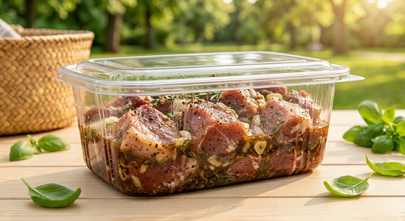 Nahaufnahme von mariniertem Kebabfleisch in einem verschlossenen, transparenten PET-Behälter auf einem Holztisch