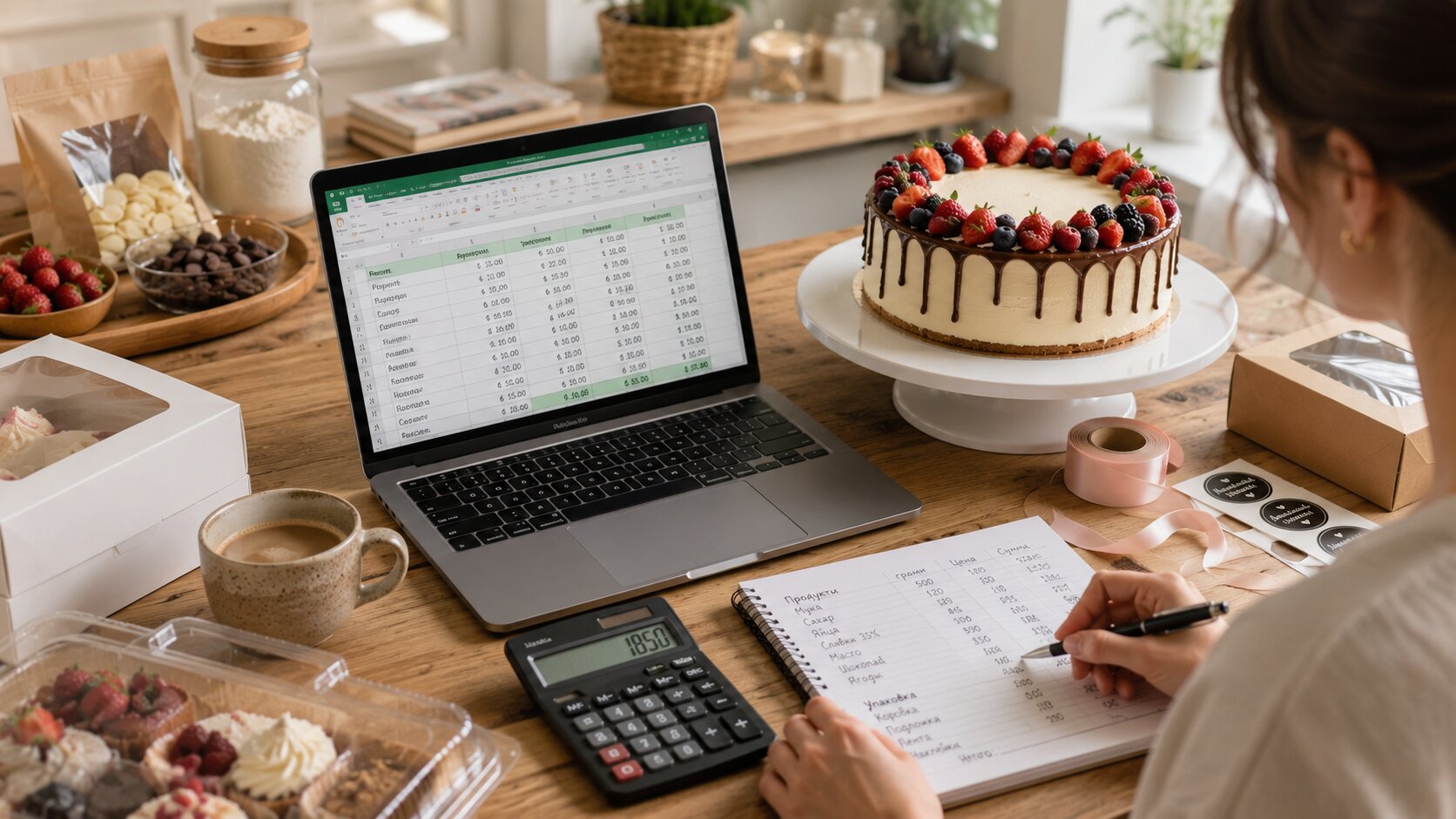 Ein Konditor berechnet die Kosten einer Torte in Excel und einem Notizbuch vor dem Hintergrund fertiger Backwaren