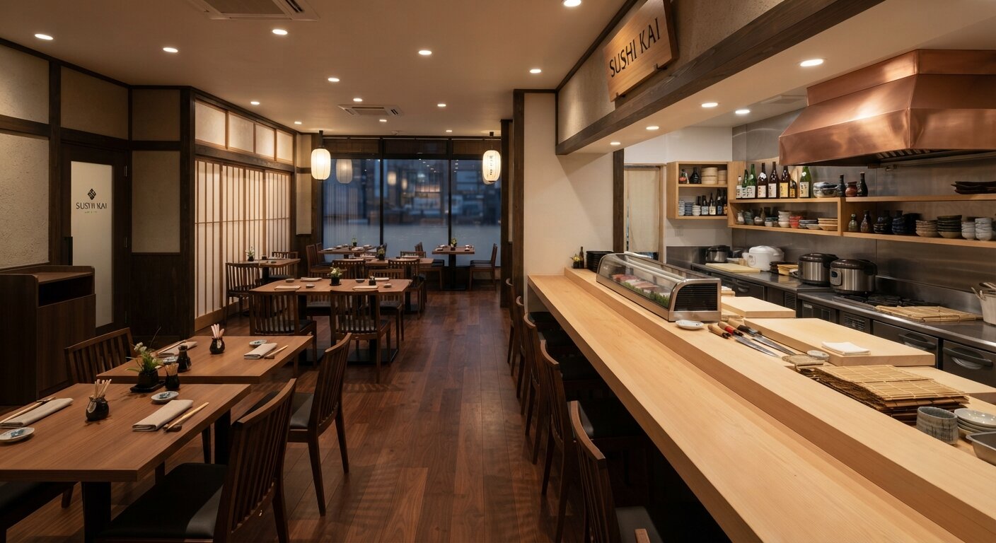 Modernes Sushi-Bar-Interieur mit offener Küche und Servierbereich