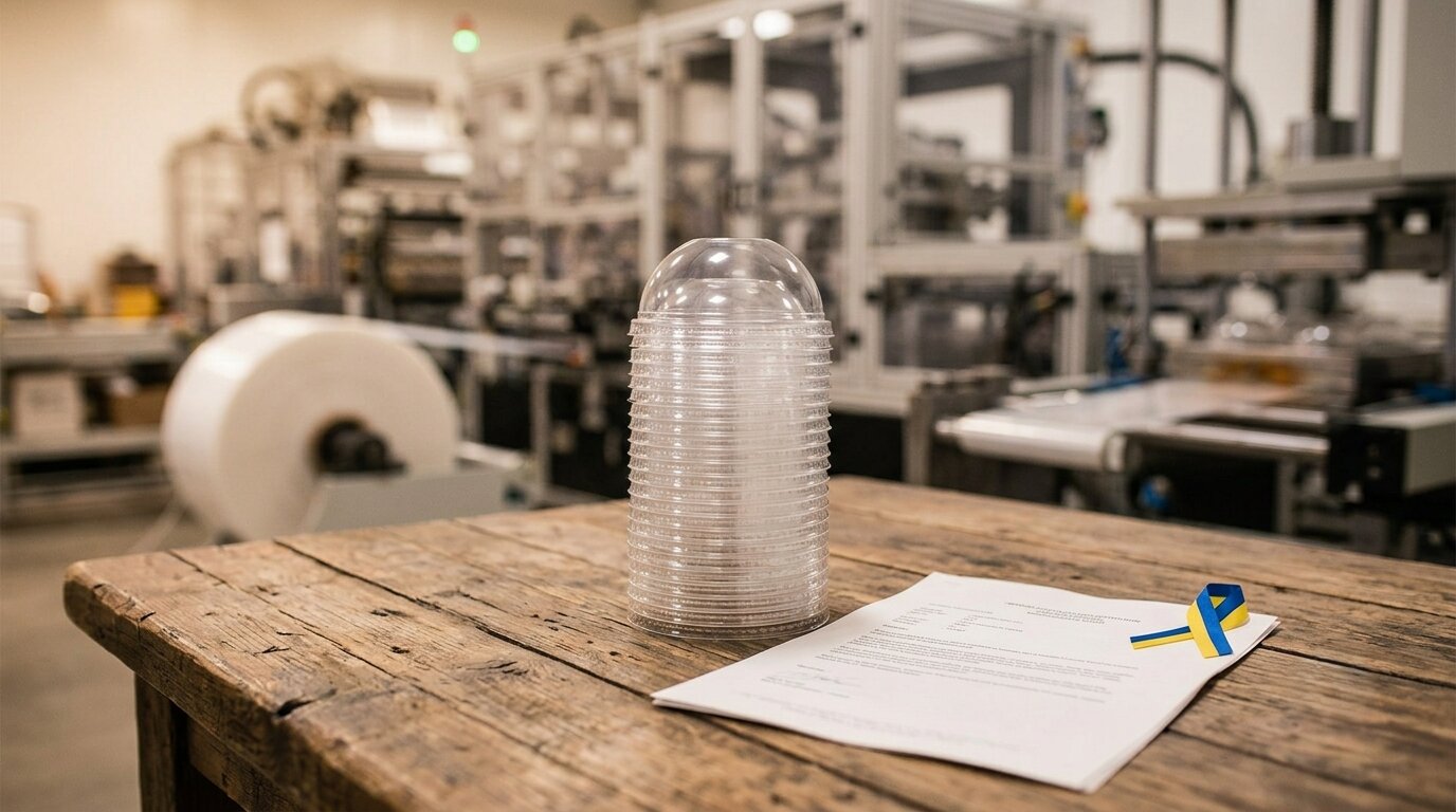 Стопка прозрачных пластиковых стаканов с купольными крышками на заводе Optipak в Украине