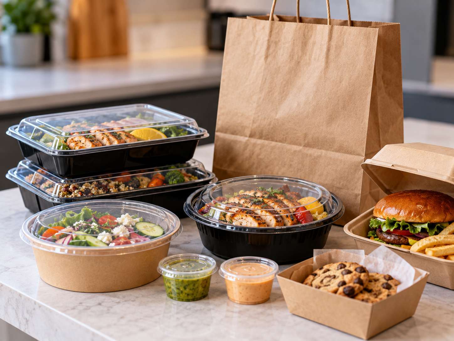 Packaging for salads, burgers, and ready meals Food delivery containers and sauce cups