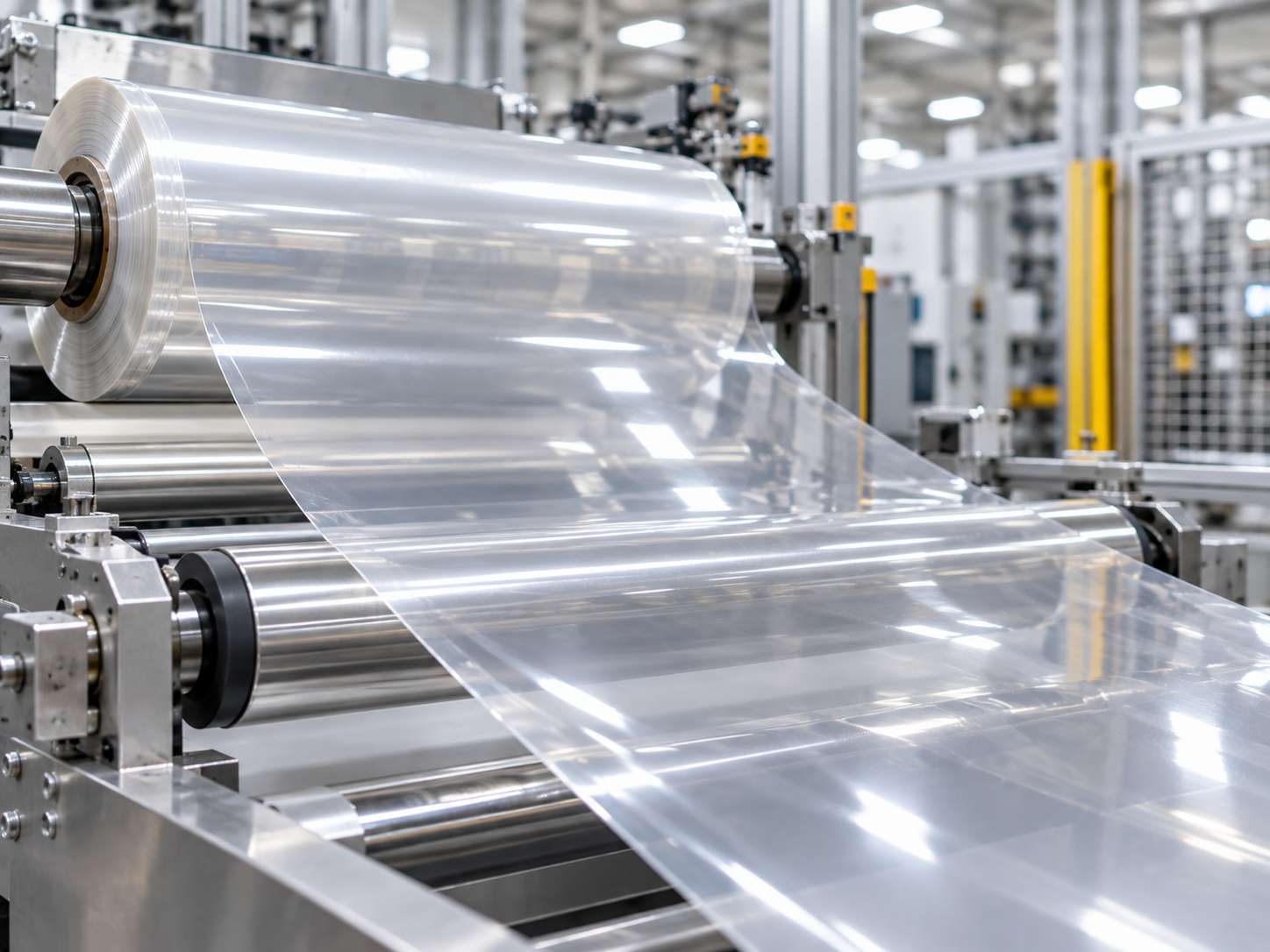 Transparent PET film on an industrial production line PET film production for thermoforming